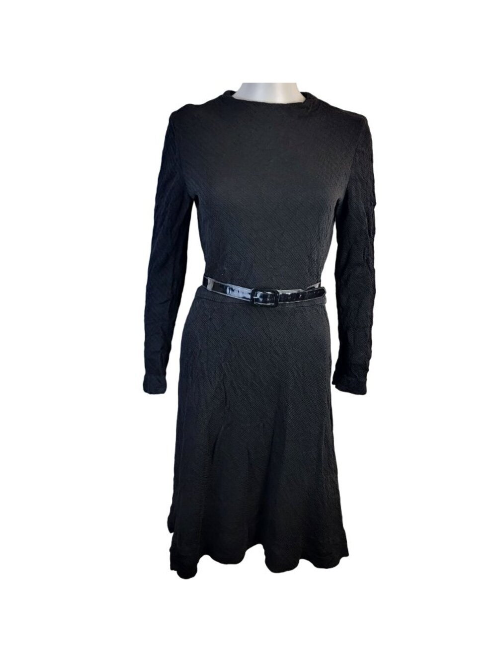 Vintage 70s Ribbed Black Dress Women 8 Medium Long Sleeves Knee Length M Fall 10